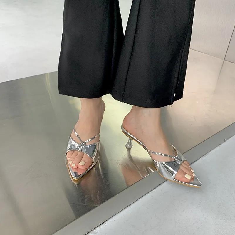 fashion Women's Middle Heel Slipper New Pointed Toe Fashion Open Toe Flip Flops Ladies Casual Slides Shoes Sandalias Mujer Verano 2024