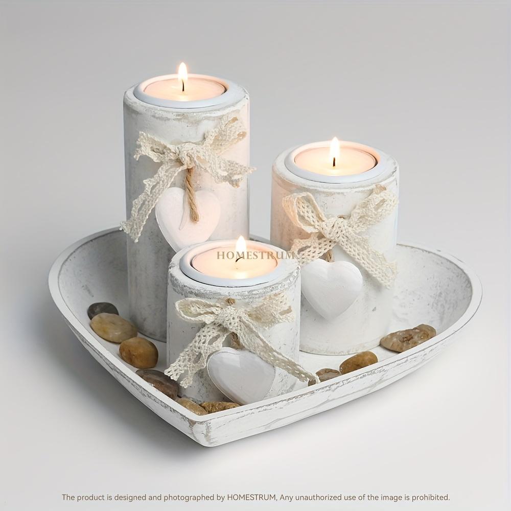 4pcs White Wooden Candlestick Set, Tea Lamp Candlestick Set, Jute Rope Bow Decoration and Decorative Stones, Heart Tray Decorative Bowl, Jewelry Tray