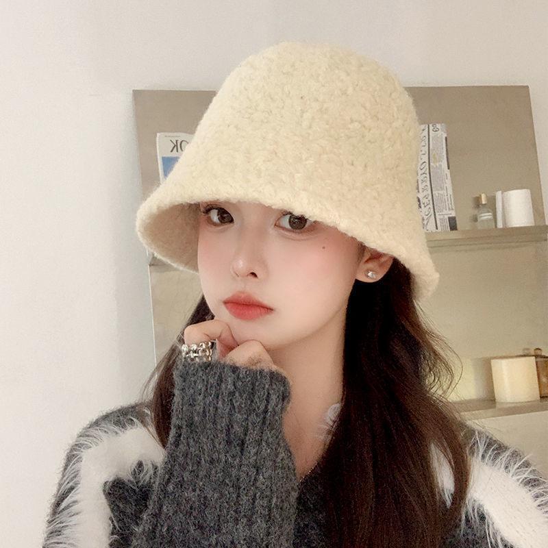 Autumn and Winter New Lamb Bucket Hat Solid Color Color Bucket Hat Warm Plush Basin Hat Headache Windproof Hat