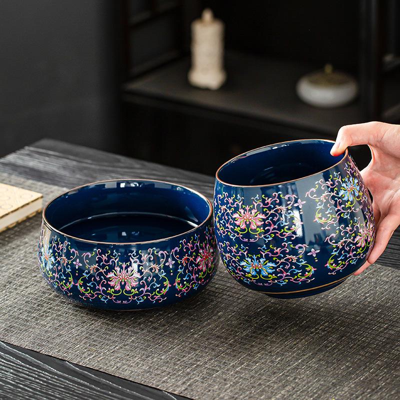 Großes Retro-Chinesisches Keramik-Emaille Waschbecken für Teeceremonie und Haushalt