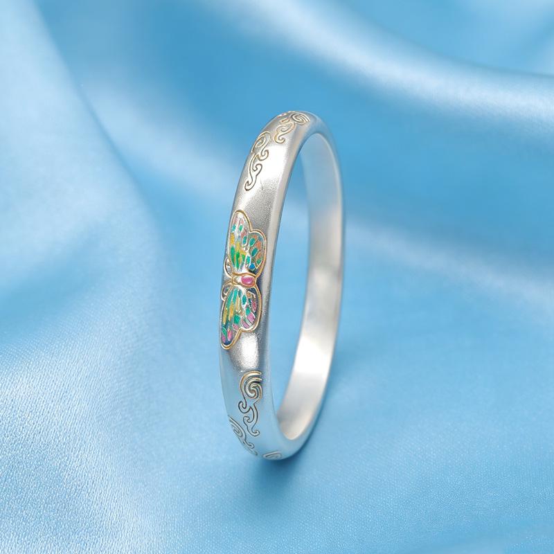 Women's Gold-Painted Enamel Butterfly Bracelet - 999 Sterling Silver Open Bangle, Chinese Style Niche Design