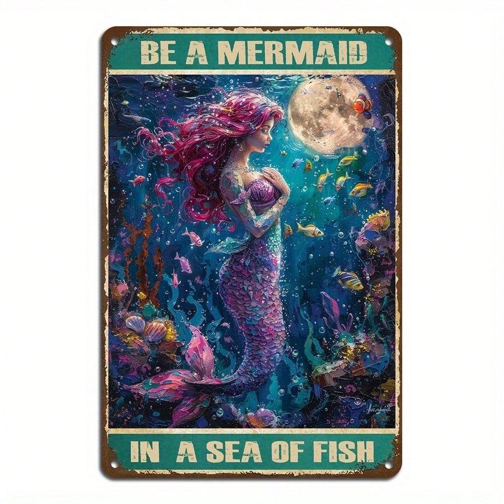 Vintage Mermaid Metal Tin Sign Red Hair Ocean Waves Bedroom Decor 20x30cm