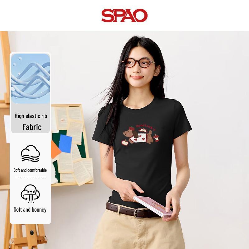 SPAO Women s Slim Fit Round Neck Dog Print Short Sleeve T-shirt M