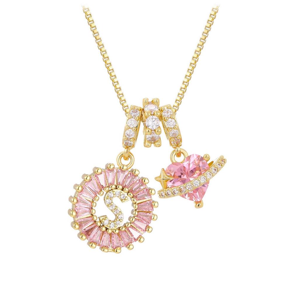 Pink Rock Candy 26-Letter Diamond Necklace with Gold-Plated Zircon and Round Flower Pendant