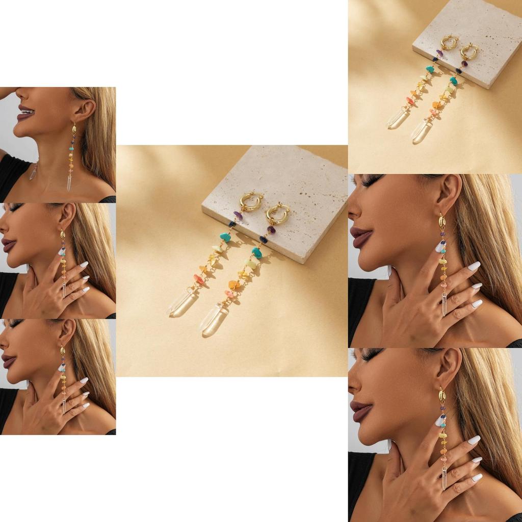 Stylish European And American Fashion Colorful Irregular Natural Stone Earrings For Women Long Geometric Drop Earrings