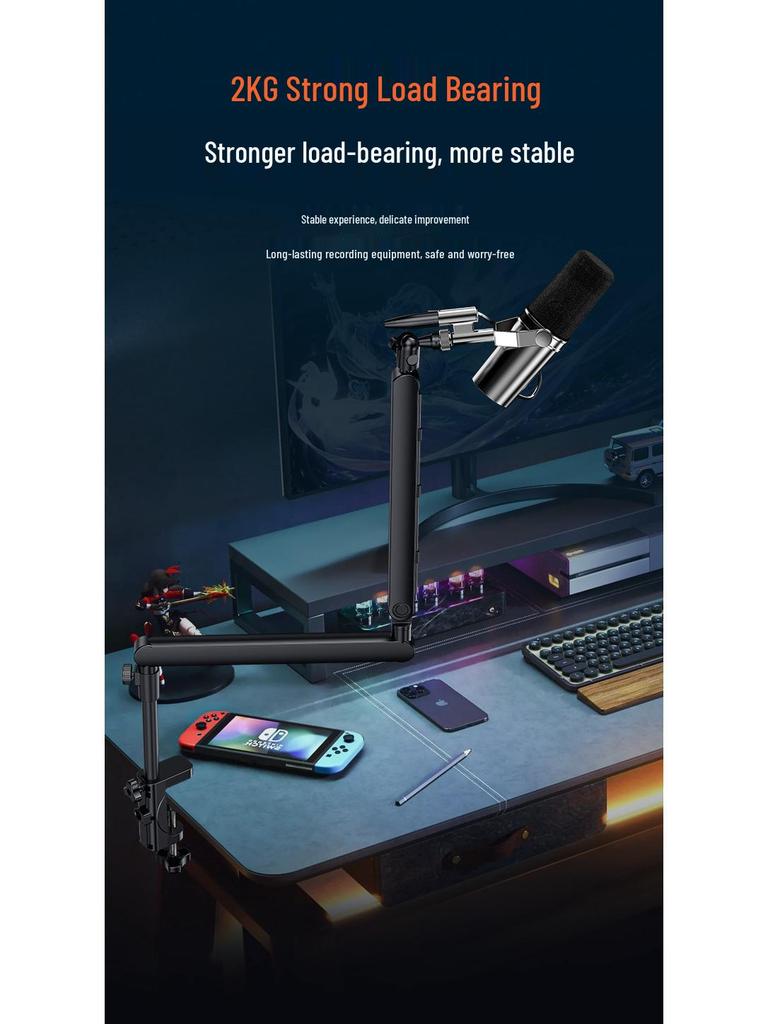 Professional Desktop Boom Arm Mic Stand with Condenser Mic Clip and Phone Holder