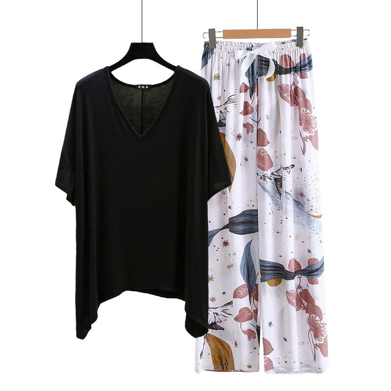 irregular Tshirt and floral wide leg pants summer women's casual pajamas sets Short sleeve homewear suit Loose lightweight Loungwear Plus size