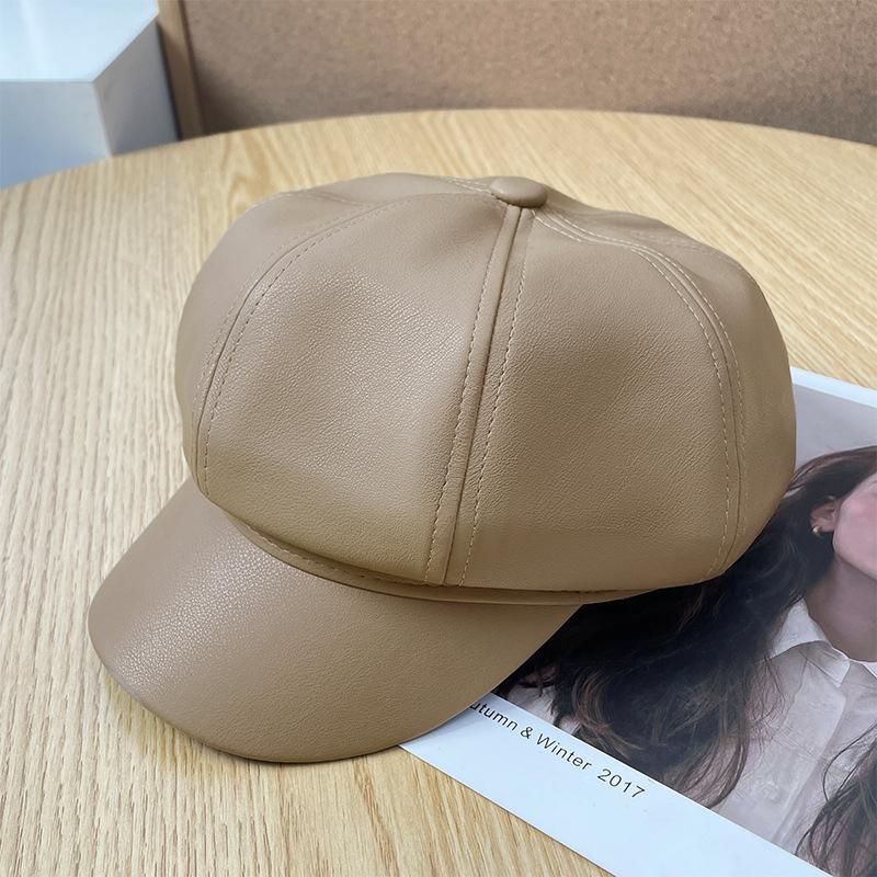 Three dimensional Leather Octagonal Hat for Women in Autumn and Winter Warm and Versatile Newsboy Hat New Large Head Circumference British Beret Hat