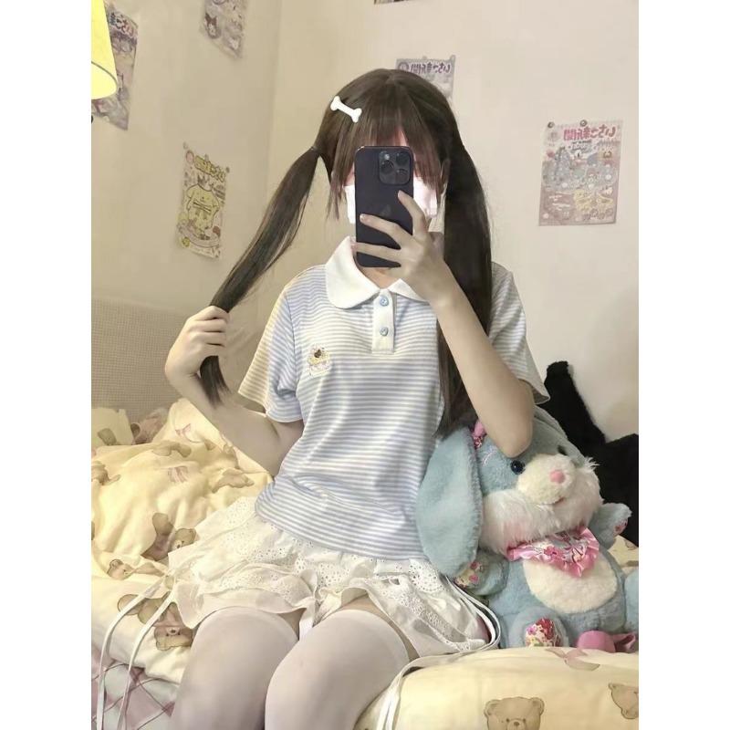 Kawaii słodkie paski T-shirty damskie japońska moda preppy styl kreskówka haft koszulki topy miękka dziewczyna lato Y2k
