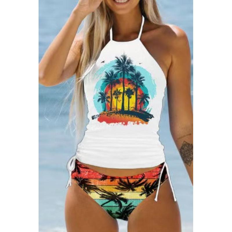 

Swimsuit Female Sexy Print Straps Split Bikini Large Size Conservative Beach Swimsuit Coconut Print 3XL