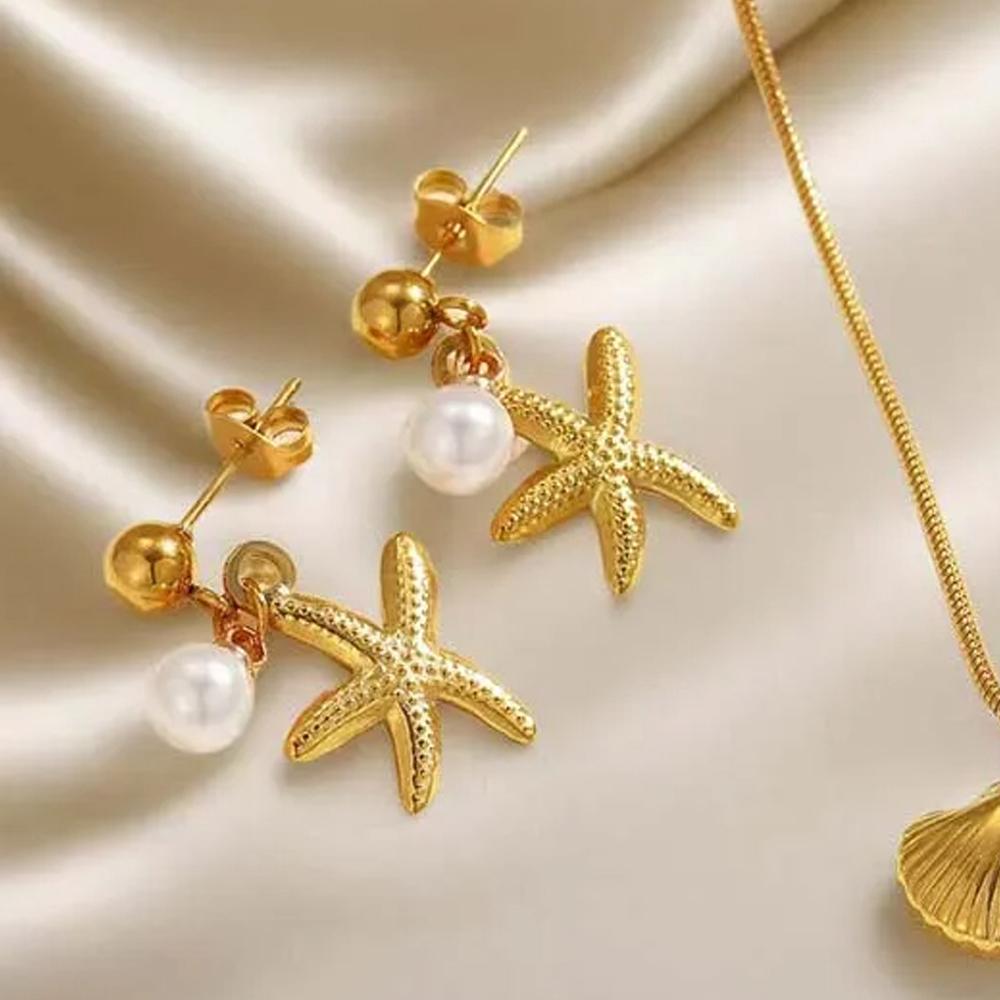 Summer Gold Stainless Steel Shell Starfish Crab Drop Earrings For Women Beach Ocean Hoop Drop Stud