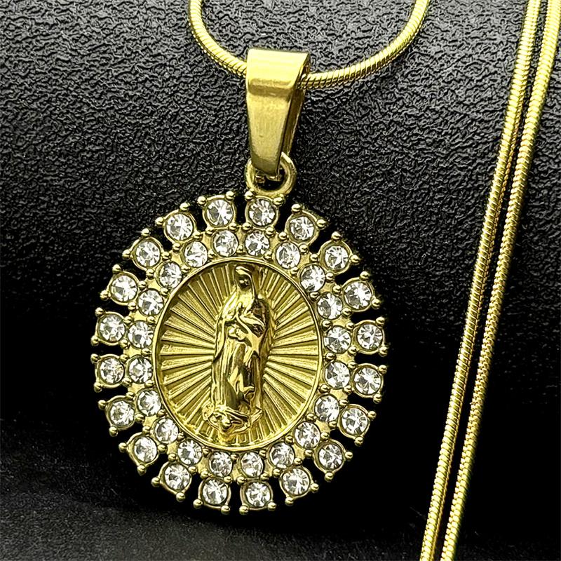 Luxury Rhinestones Virgin Mary Necklace for Women Men Stainless Steel Gold Color Catholic Guadalupe Chain Necklace Jewelry Gift