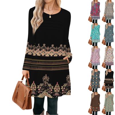 Women's Long Sleeve Dress Fall Casual T Shirt Loose Fit Pleated Front Dresses With Pockets