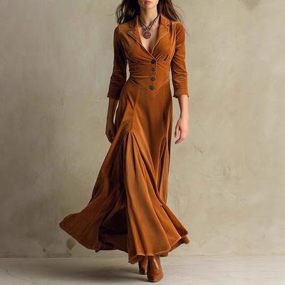 European and American Women's Clothing Independent Station Solid Color Button Lapel Seven-quarter Sleeve Long Dress Dress Waist Swing Skirt