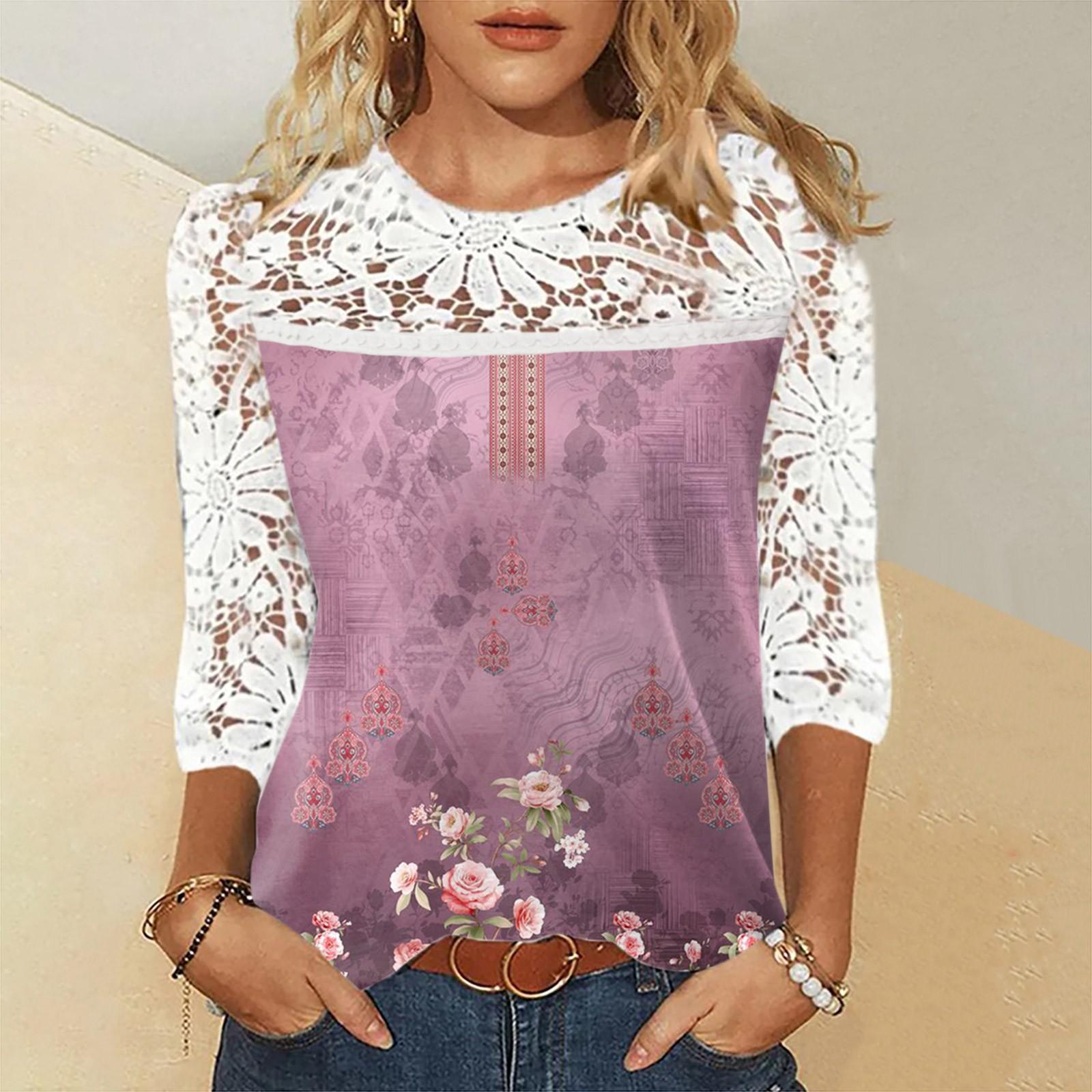 

Женская повседневная футболка с круглым вырезом и кружевным вырезом с семиточечным рукавом и принтом L розовый