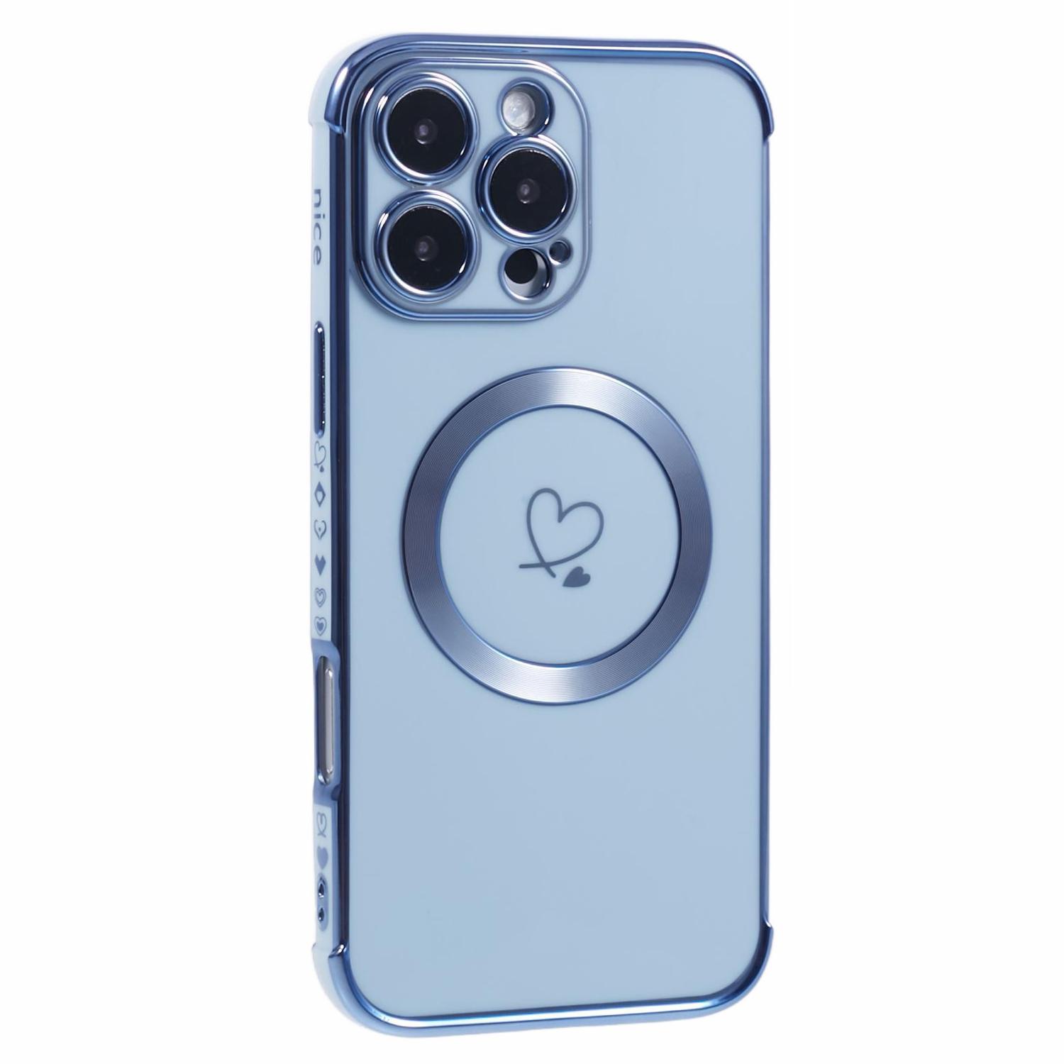 

For iPhone 16 Pro Max Case Compatible with MagSafe Electroplated Love Hearts TPU Phone Cover with Chain Strap Blue