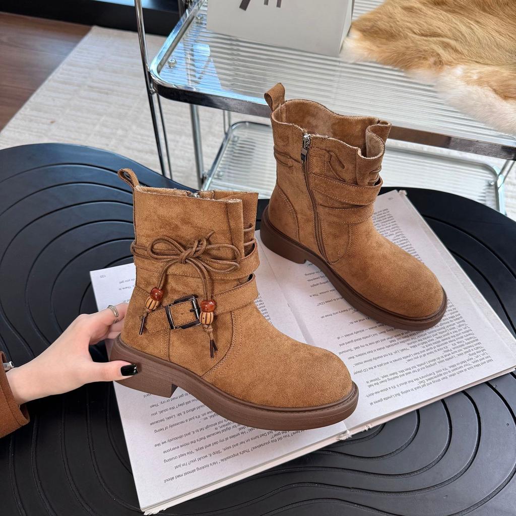2025 autumn side zipper short knight boots women's autumn new round head thick heel belt buckle suede short boots