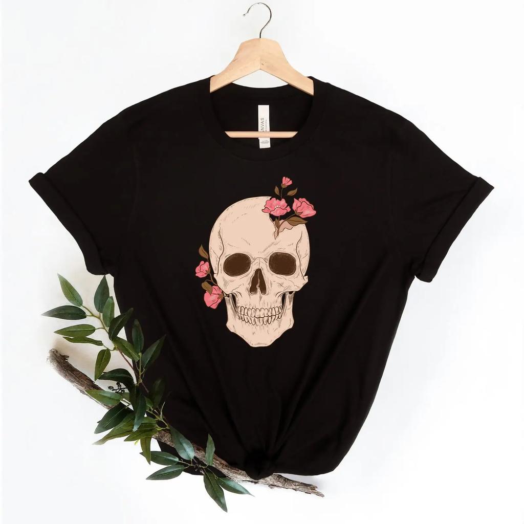 Floral Skull T Shirt Bloom Skeleton Vintage Soft Top For Everyday Wear Streetwear Versatile Graphic Fashion Breathable