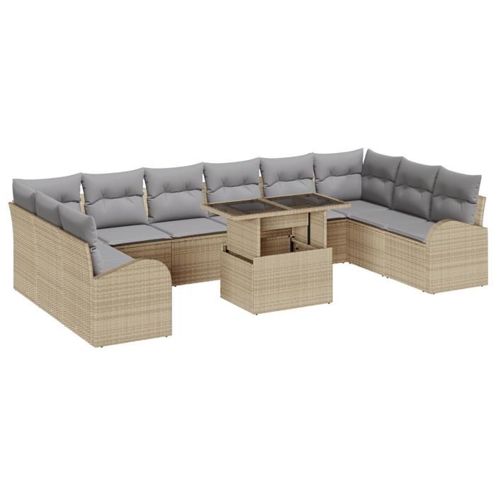 Ensemble de canapé de jardin 11 pièces avec coussins Beige Poly Rotin, Canapé de jardin 2 places avec rangement et coussins 3357453