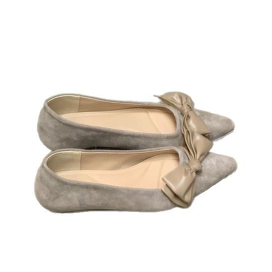 Pointed Bow Suede Low Heel Temperament Light Mouth Single Shoes Women's 2025 Autumn New Versatile One-pedal Commuter Shoes