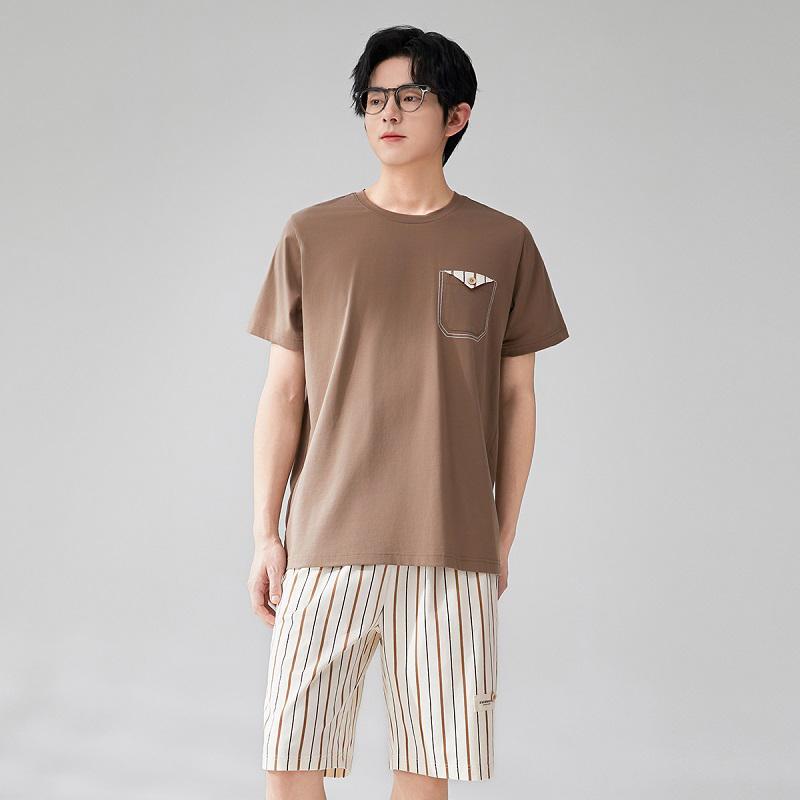 Fenteng [100% cotton] comfortable round neck striped thin, breathable and soft short sleeved home suit set for men's sleepwear