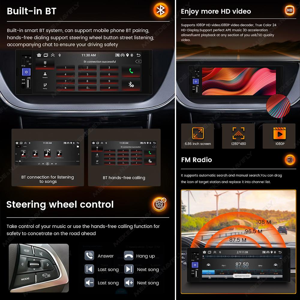 1DIN Android Car Radio Stereo 6.86inch HD MP5 Player Universal Autoradio Support Wireless CarPlay Android Auto FM BT USB TF CAM