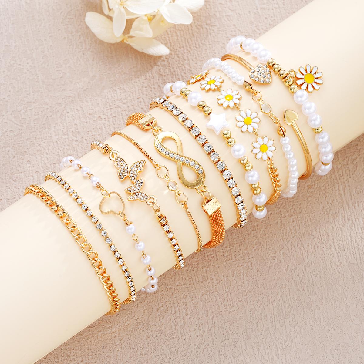 

12PCS Boho Infinity Symbol Daisy Flower Bracelets for Women Retro Gold Color Heart Butterfly Crystal Bracelets Set Party Jewelry
