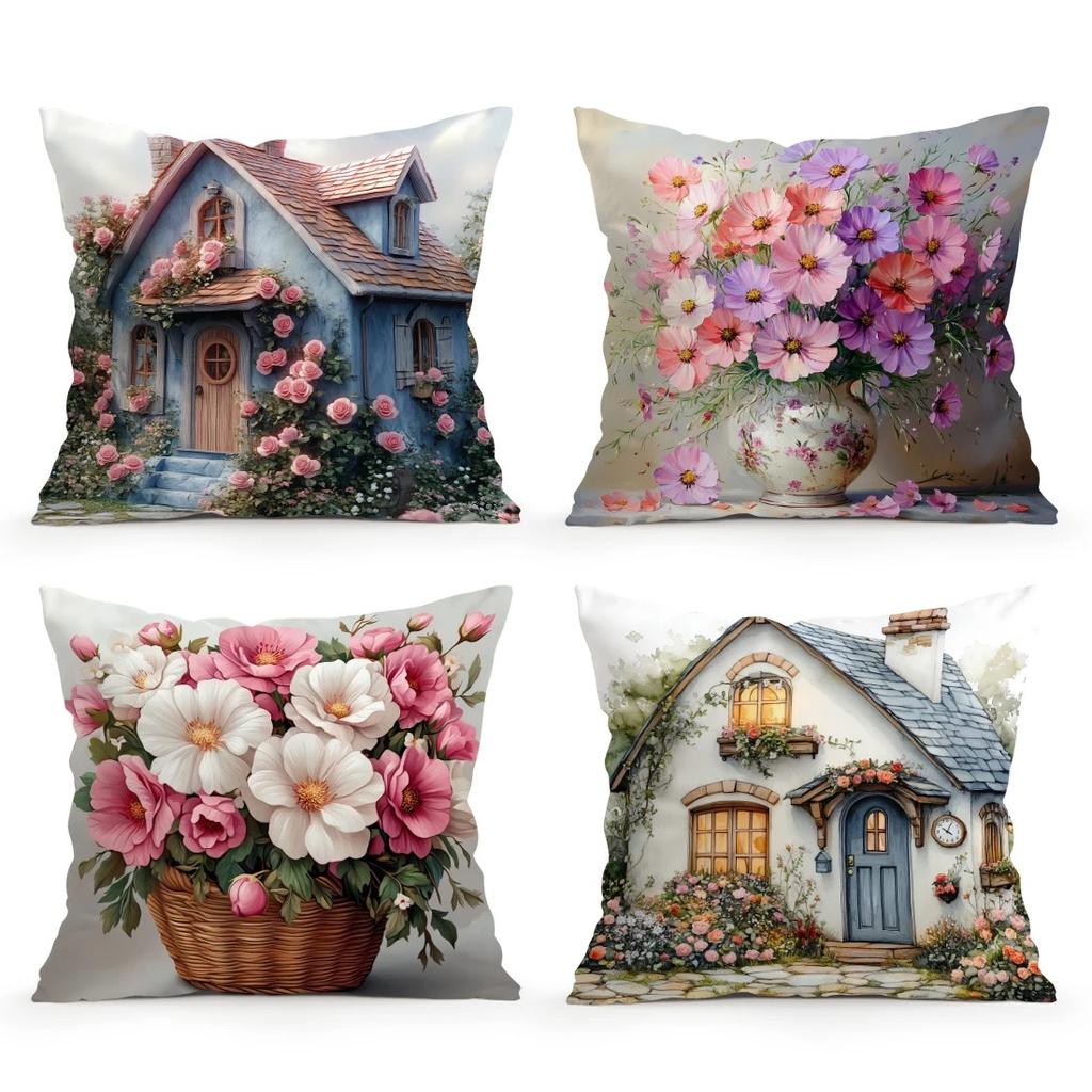 Cottages Flowers Decorative Pillow Covers Pattern Cushion Cover Suitable For Sofa Bedroom Car Pillow Cover