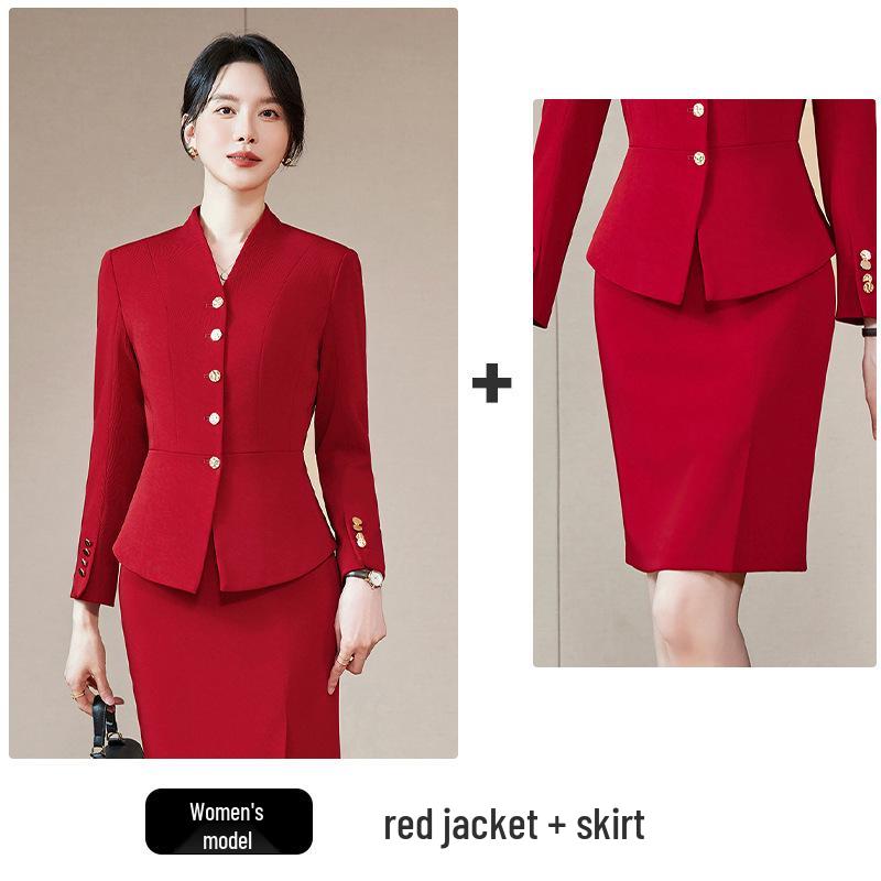 Women's 2025 Red Collarless Suit Jacket Set - New Style Salon Workwear for Professional Elegance