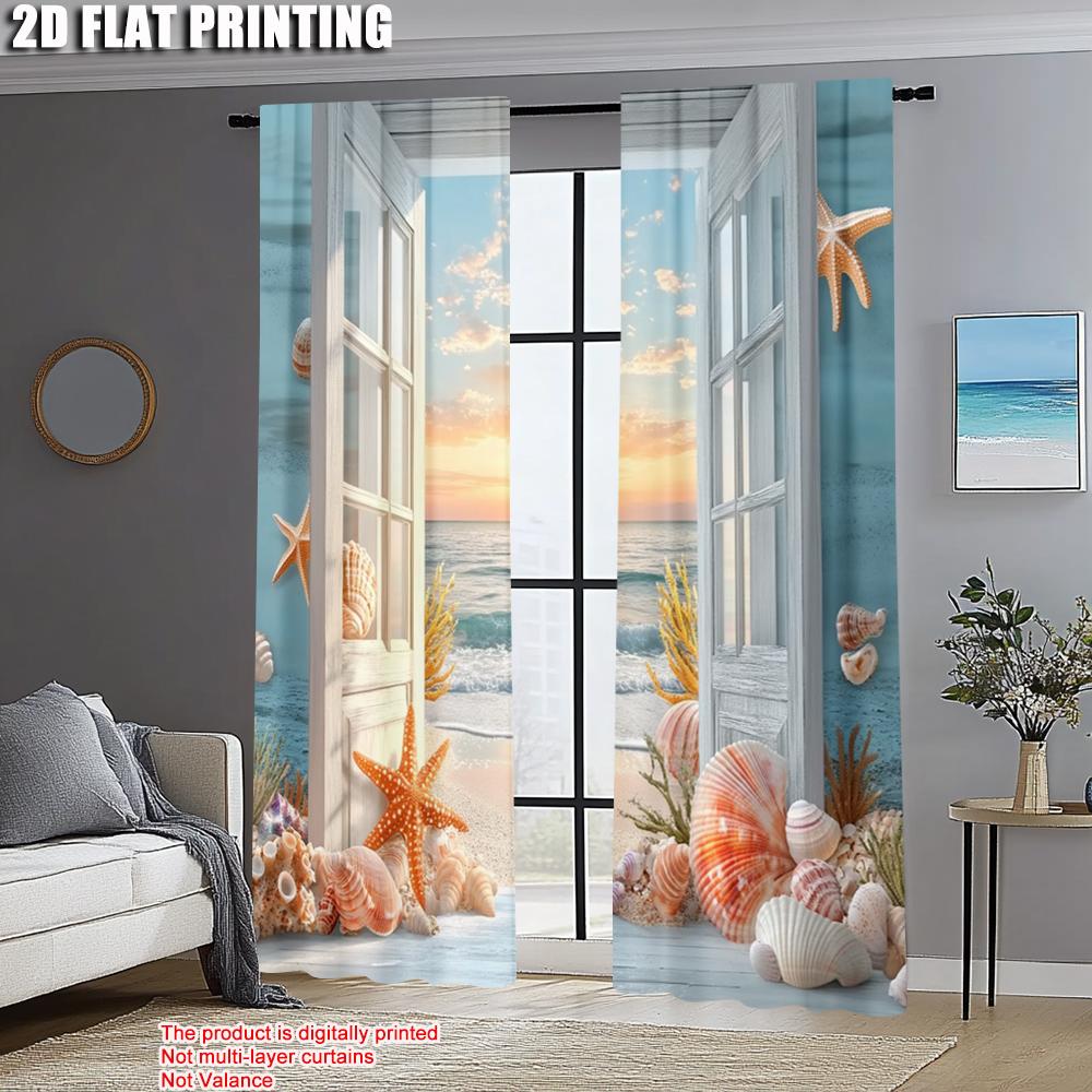 2pcs, Creative Curtains 2D print Ocean Starfish And Seashells Machine Washable Fabric (without rod) Art Deco Festive Perfect for