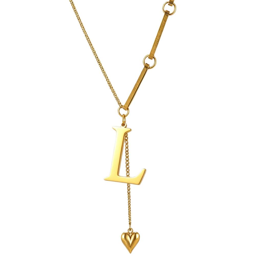 Initial Letter Necklace Gold Plated Stainless Steel Puffy Heart Pendant A-Z Alphabet Lariat Y Choker Waterproof