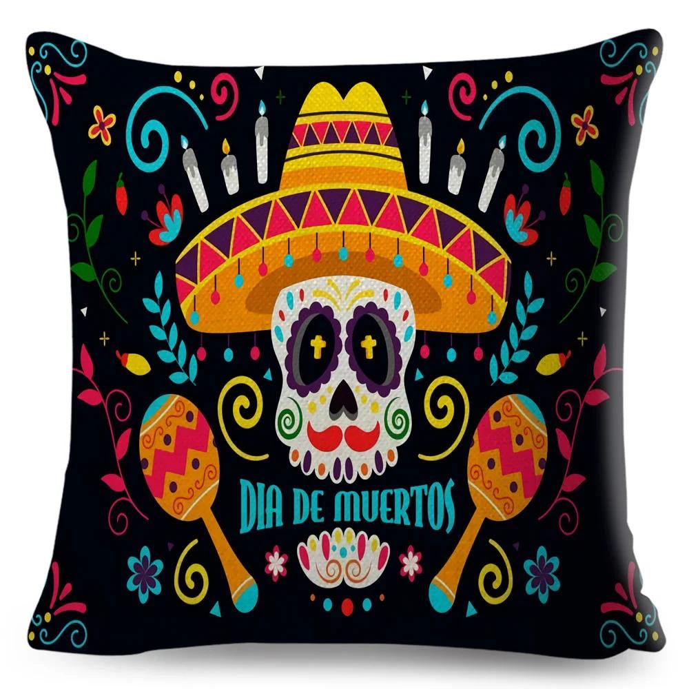 Day Of The Dead Pillowcase Decor Cartoon Mexico Flower Skull Print Cushion Cover for Sofa Home Polyester Pillow Case 45x45cm