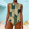 Women Plus Size High Round Neck Sleeveless Printed One Piece Swimsuit