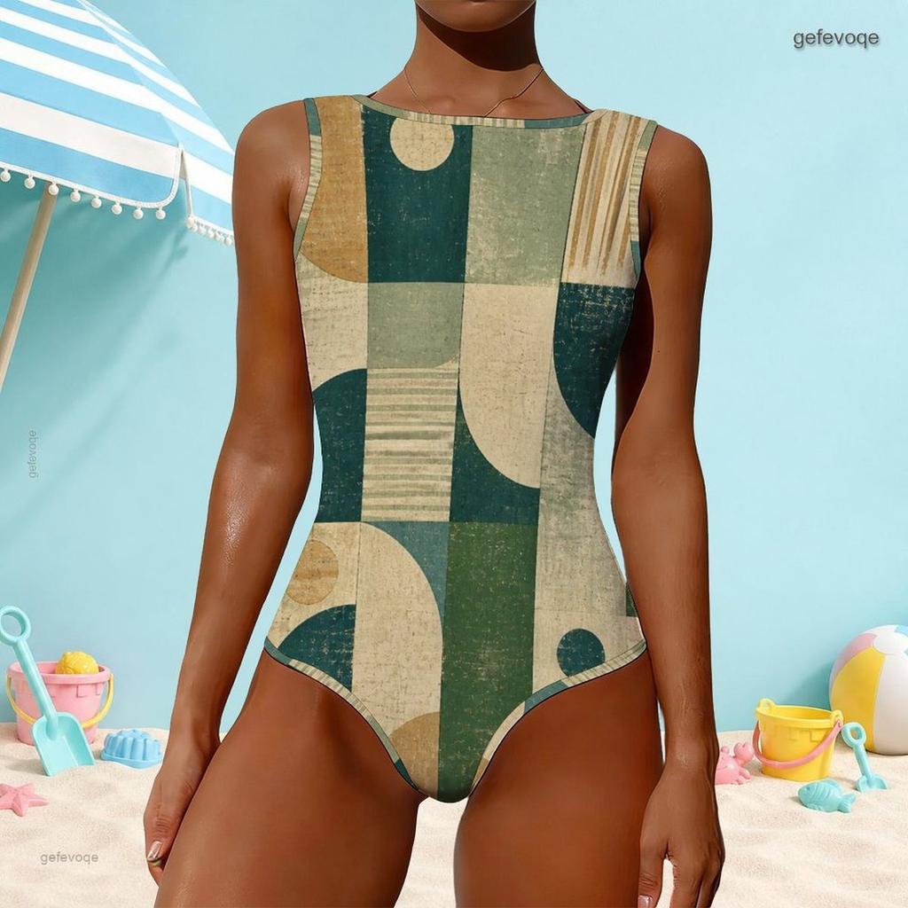 Women Plus Size High Round Neck Sleeveless Printed One Piece Swimsuit