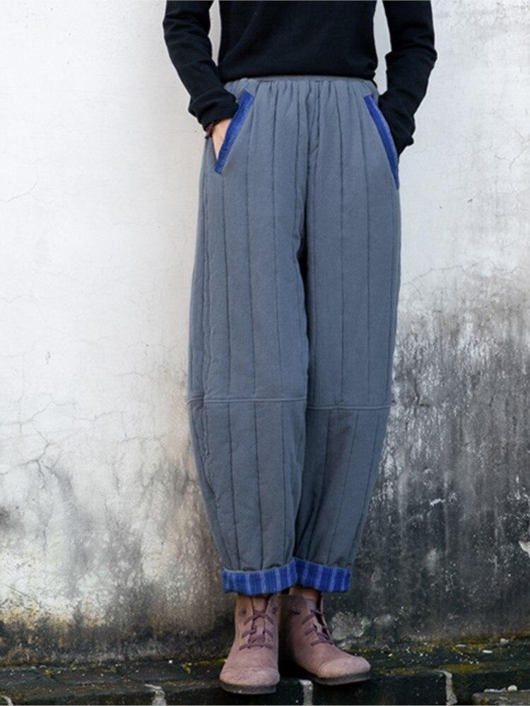 Johnature Women Warm Winter Straight Pants Cotton Linen Vintage Elastic Waist Trouser Solid Color Patchwork Pockets Pants