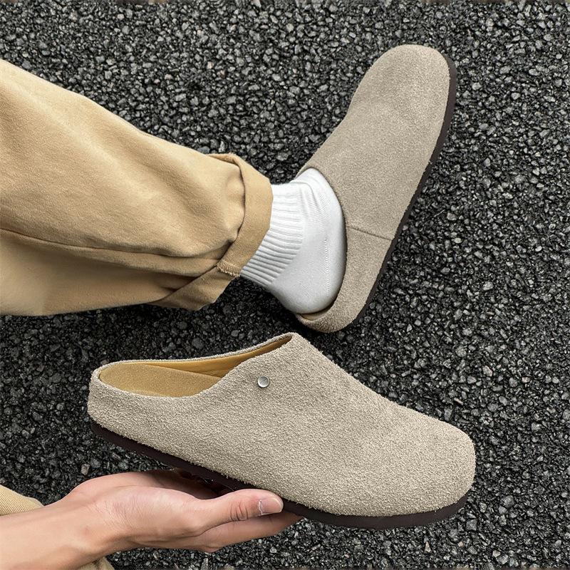 Boken Shoes Men's Foot Cover Summer Breathable Half Drag Outer Wear Leather Slippers 45370 Long Hair beige-Y
