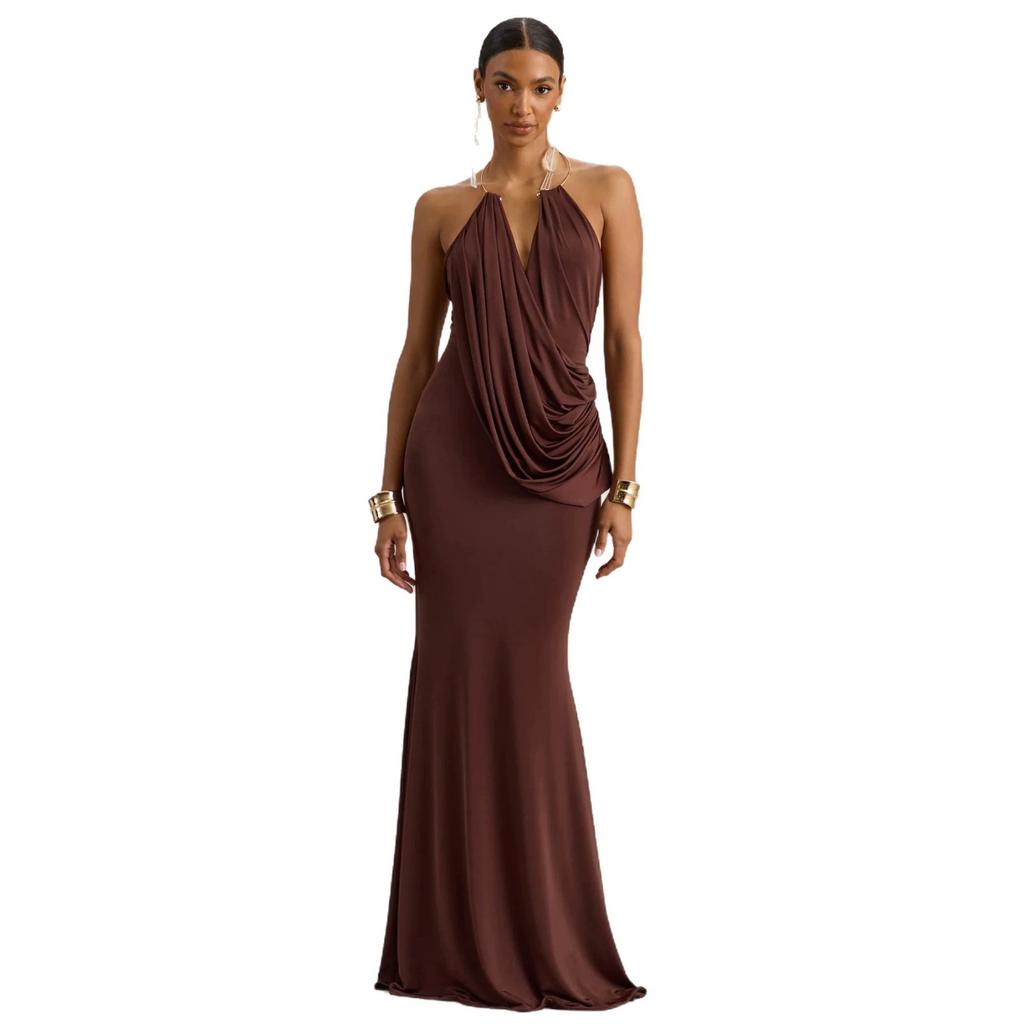 In stock European and American style women's sleeveless swag collar pleated halter long dress, sexy backless body-hugging dress wholesale