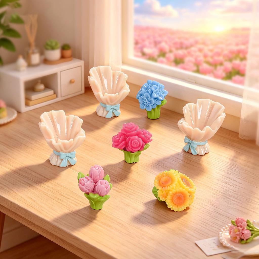 6pcs Cute Mini Resin Flower Potted Plant Rose Tulip DIY Keychain Jewelry Accessories Desktop Ornament Dollhouse Decor Craft