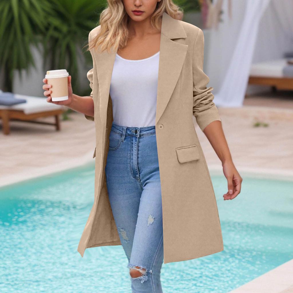 Women's Fashion Casual Long Sleeve Long Suit Jacket With Pockets
