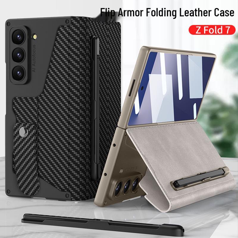 Samsung Z Fold7 Business Style Armor Flip Case with Pen Slot, Card Holder, and Screen Protector.