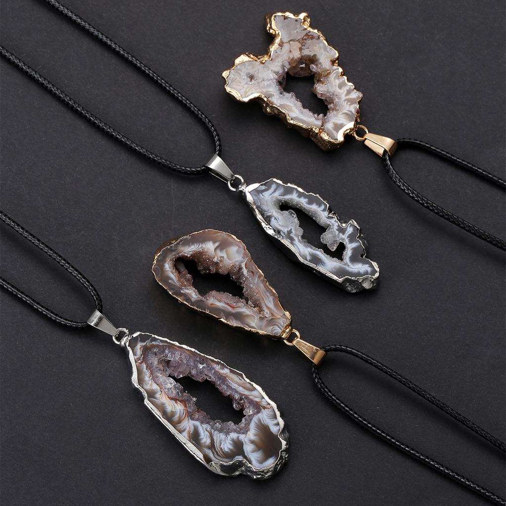 Natural Brazilian Agate Geode Slice Necklace Gold Silver Plated Edge Raw Geode Pendant With Wax Cord Bulk  Jewelry