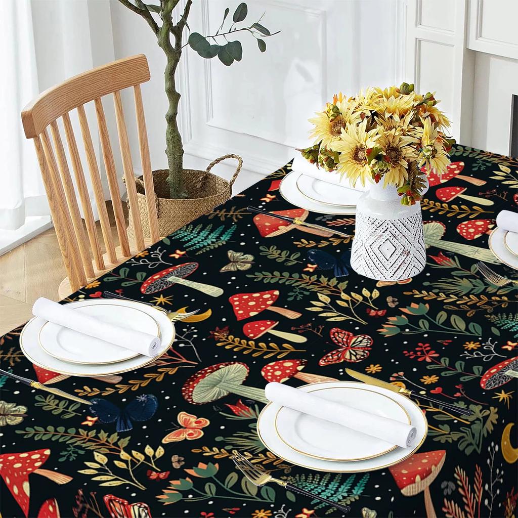 Butterfly Flower Mushroom Moon Watercolor Waterproof Polyester Tablecloths Table Party Decoration Dining Tablescover Manteles
