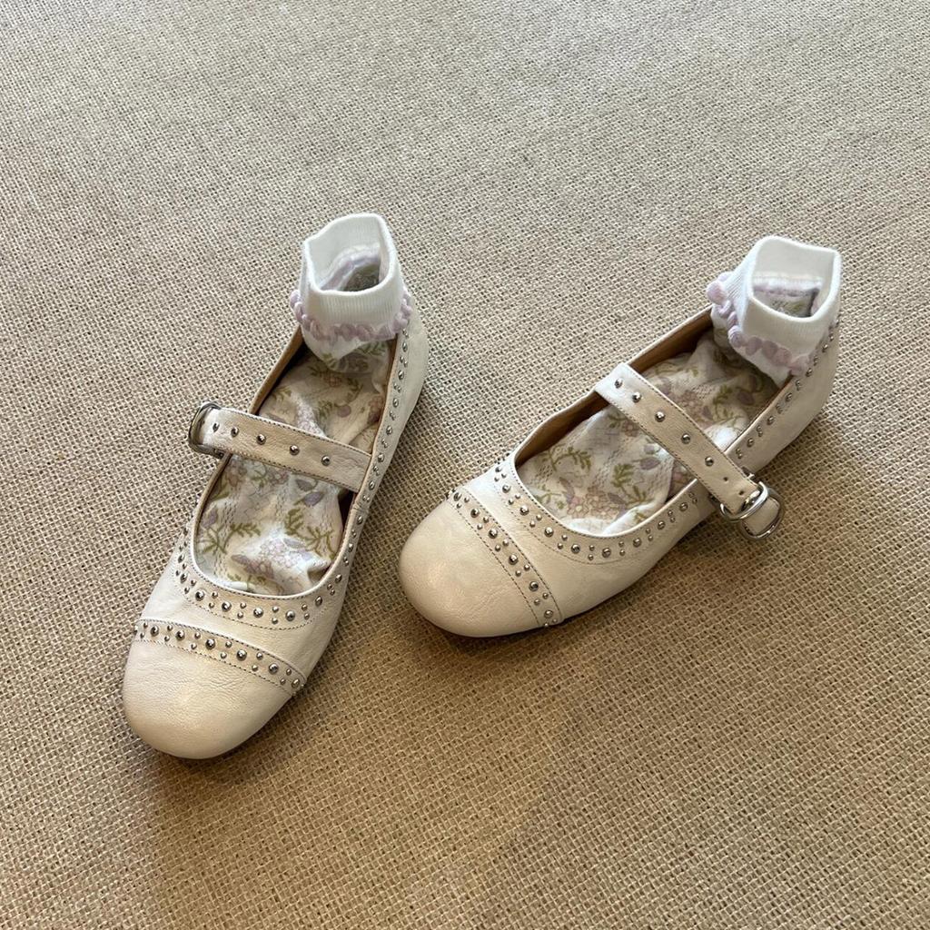 Sheepskin Version~ Gentle Wind Shallow Mouth Rivets Mary Jane Single Shoes Women's Versatile Flat Bottom One Word with Ballet Shoes