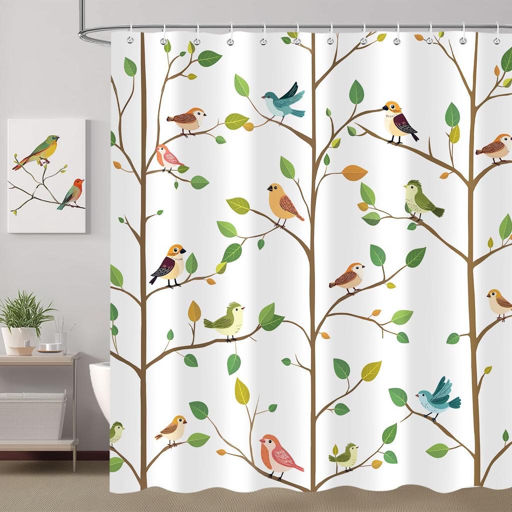 Funny Cute Bird Shower Curtain, Rustic Aesthetic Hummingbird Green Leaves Tree Floral Bathroom Curtain Nature Farmhouse Kids