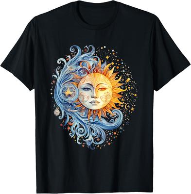 Mystical Sun Moon Celestial Graphic Print Cotton T-Shirt Casual Round Neck Tee for Men