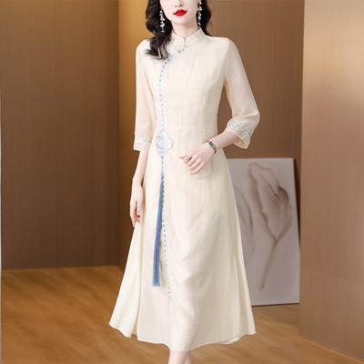 Women's Dress Summer Retro Chinese Style Slim Fit Long Modified Cheongsam Embroidery Dresses