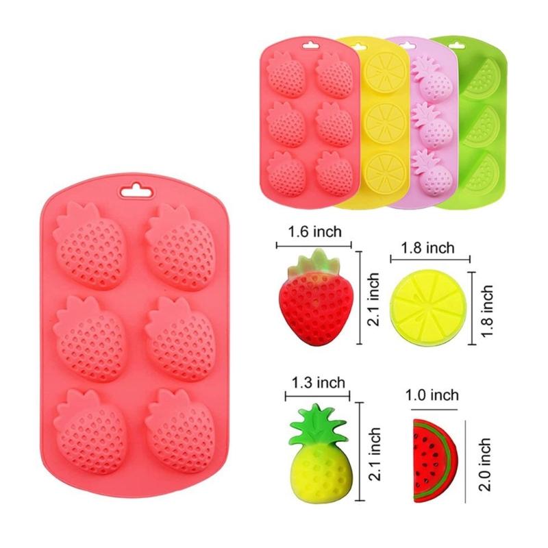 Pack of 4 Silicone Fruit Shaped Ice Molds Strawberry Watermelon Pineapple Lemon Mould for Creative Baking