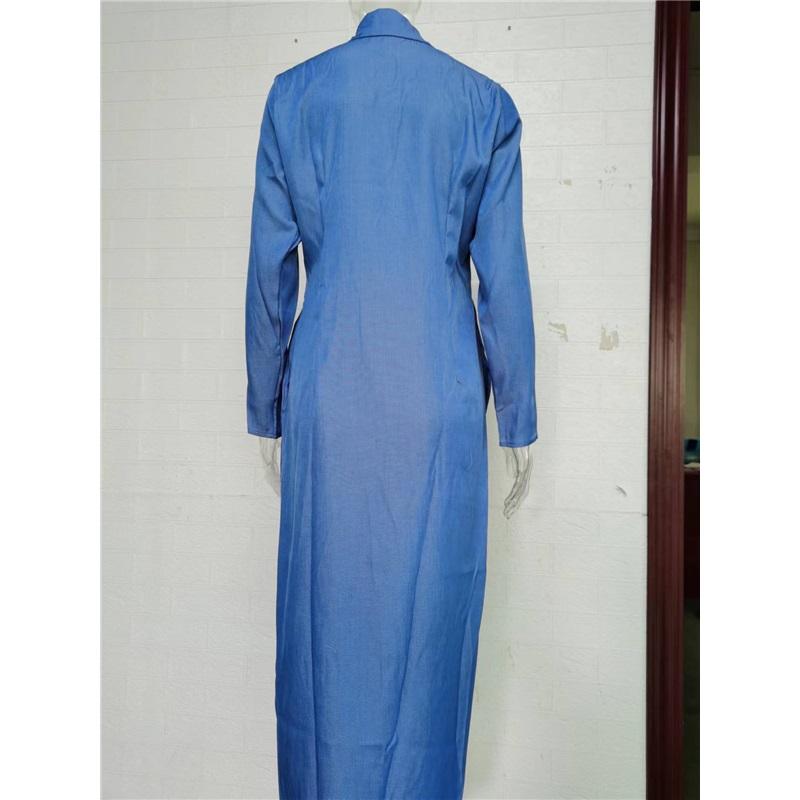 Women's Denim Maxi Dress Tencel Linen Cotton Blend Polo Collar Button Down Long Sleeve Casual Dress With Pockets