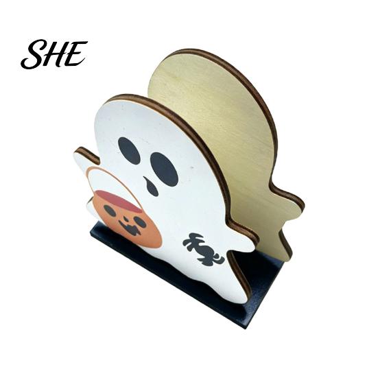 Cute Holiday Dining Accessories Halloween Ghost Wooden Napkin Holder, Paper Towel Decorative Stand Stand, Freestanding Tissue Dispenser Organizer for