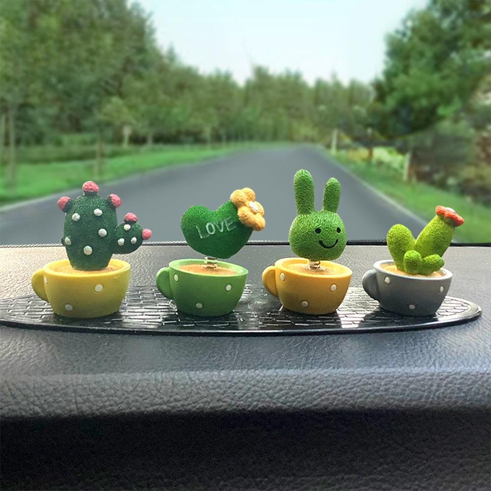 4PCS/set Cute Shaking Head Spring Car Ornament Animal Cactus Small Potted Resin Ornament Ornament